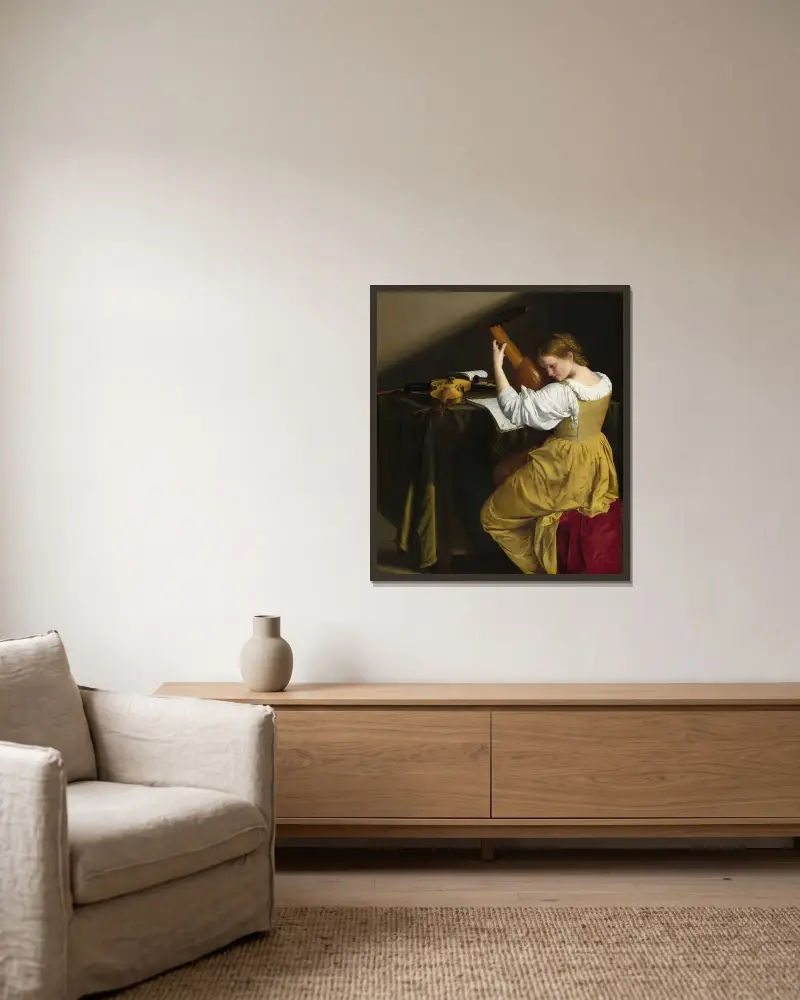Der Lautenspieler von Orazio Gentileschi gerahmt an einer Wand