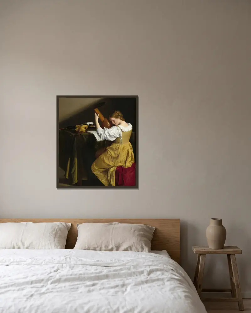 Der Lautenspieler von Orazio Gentileschi gerahmt an einer Wand