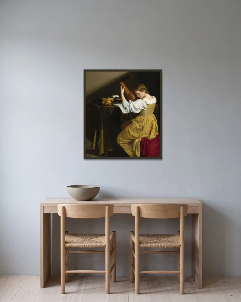 Der Lautenspieler von Orazio Gentileschi gerahmt an einer Wand