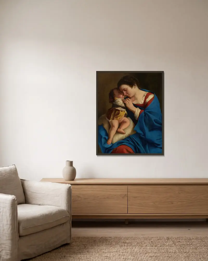 Die Madonna mit dem Kind von Orazio Gentileschi gerahmt an einer Wand