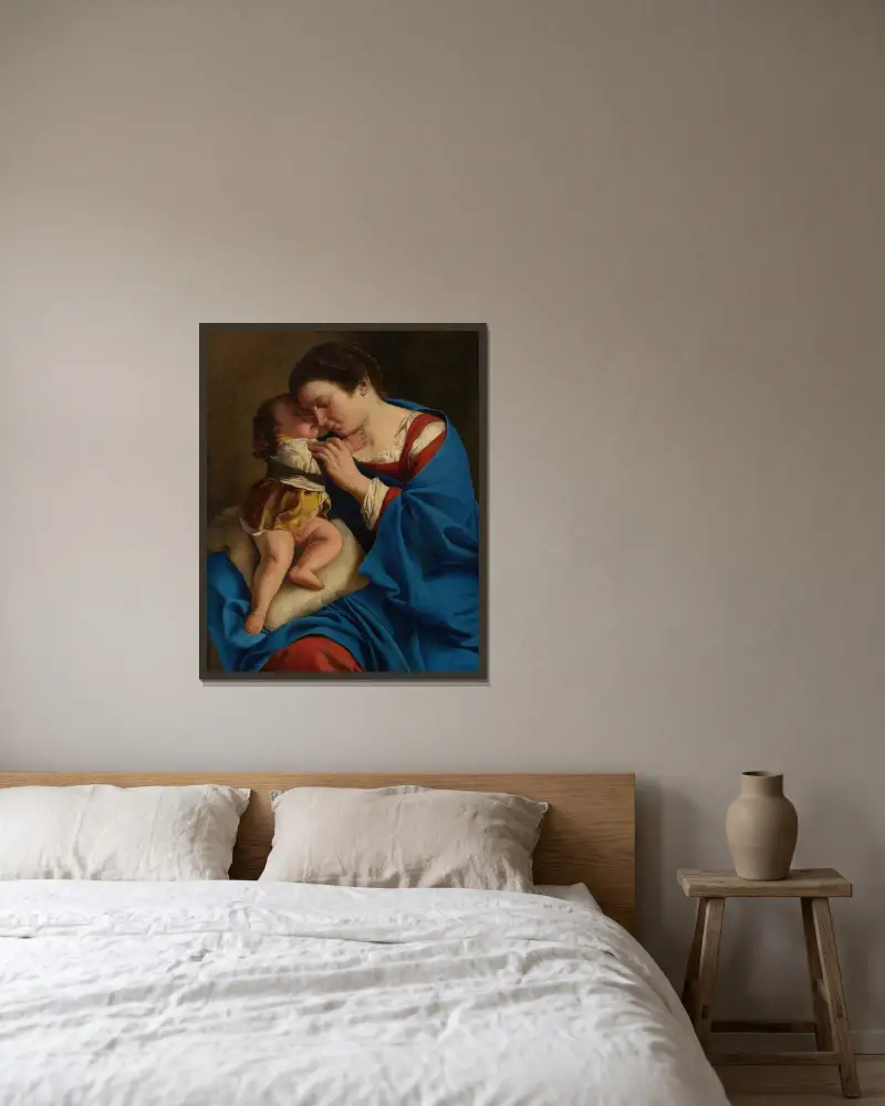 Die Madonna mit dem Kind von Orazio Gentileschi gerahmt an einer Wand