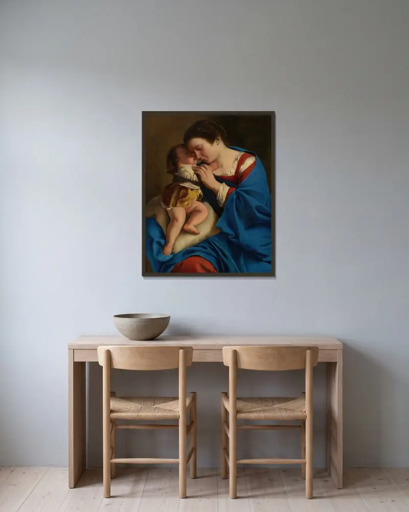 Die Madonna mit dem Kind von Orazio Gentileschi gerahmt an einer Wand