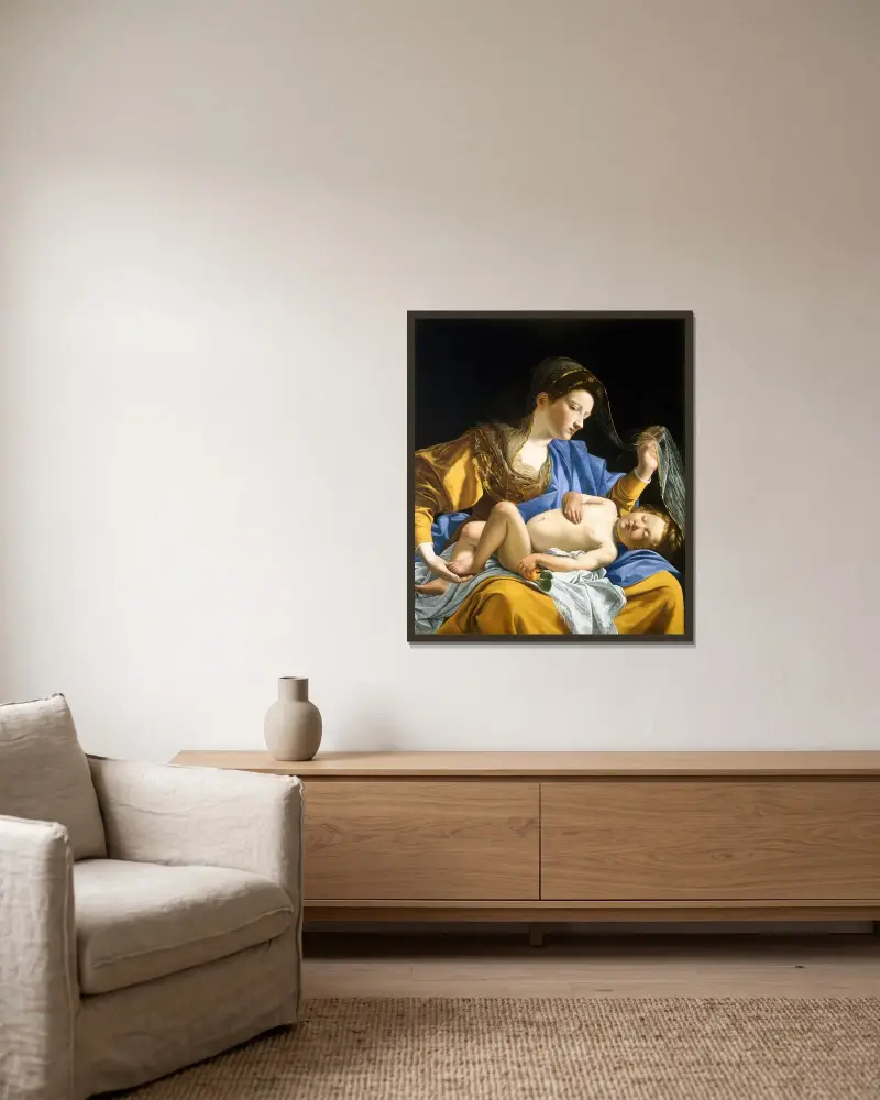 Jungfrun med det sovande Kristusbarnet av Orazio Gentileschi inramad på en vägg