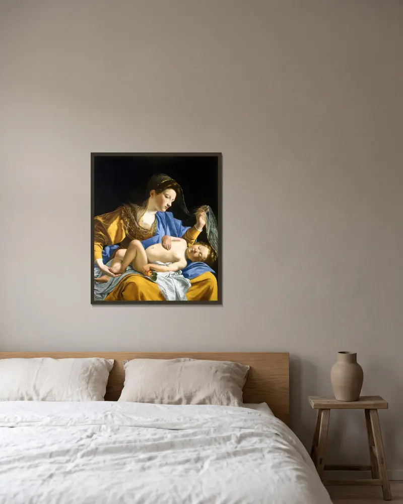 Jungfrun med det sovande Kristusbarnet av Orazio Gentileschi inramad på en vägg