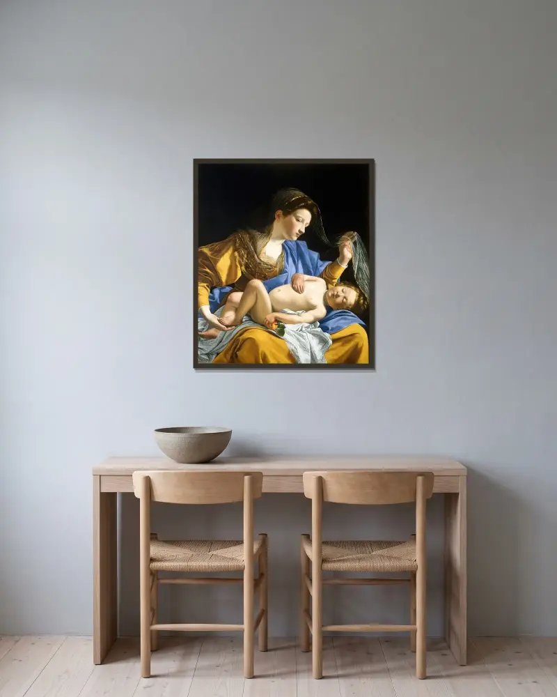 Jungfrun med det sovande Kristusbarnet av Orazio Gentileschi inramad på en vägg
