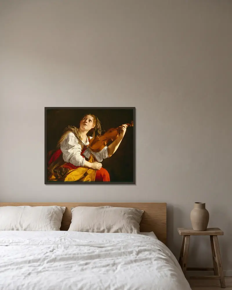Ung kvinna med violin (Sankta Cecilia) av Orazio Gentileschi inramad på en vägg