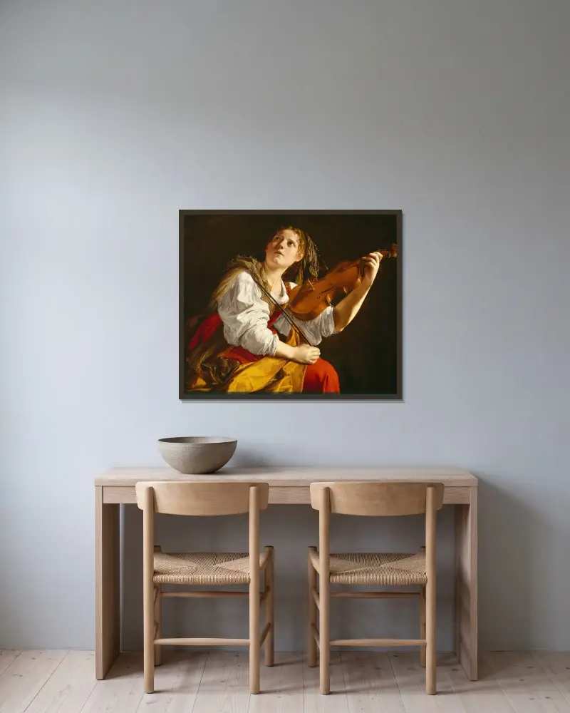 Ung kvinna med violin (Sankta Cecilia) av Orazio Gentileschi inramad på en vägg