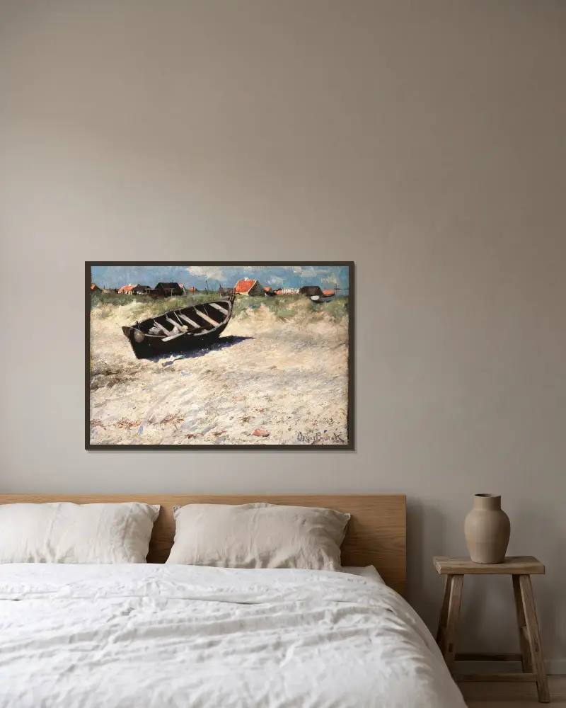 Båt vid Skagens södra strand av Oscar Björck inramad på en vägg