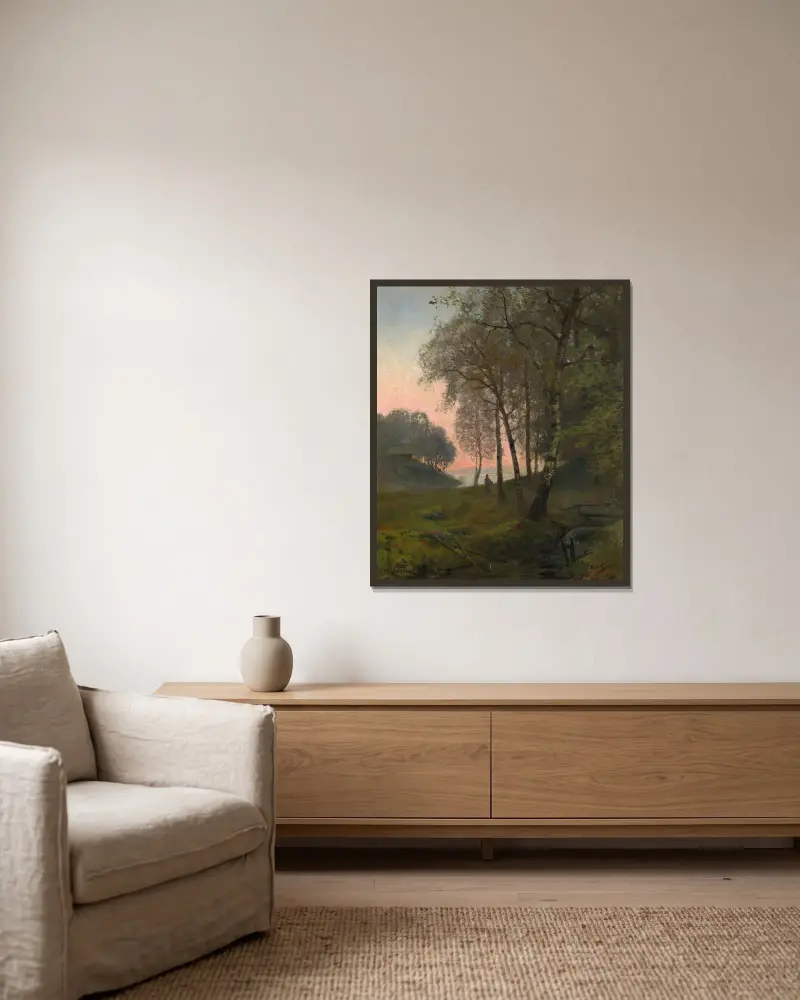 Wooded landscape with figure av Oscar Törnå inramad på en vägg