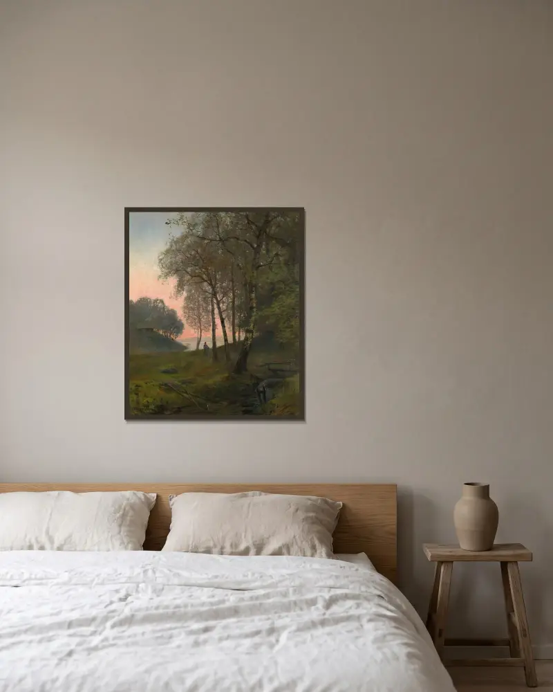 Wooded landscape with figure av Oscar Törnå inramad på en vägg