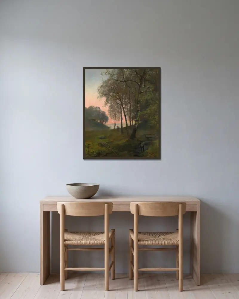 Wooded landscape with figure av Oscar Törnå inramad på en vägg