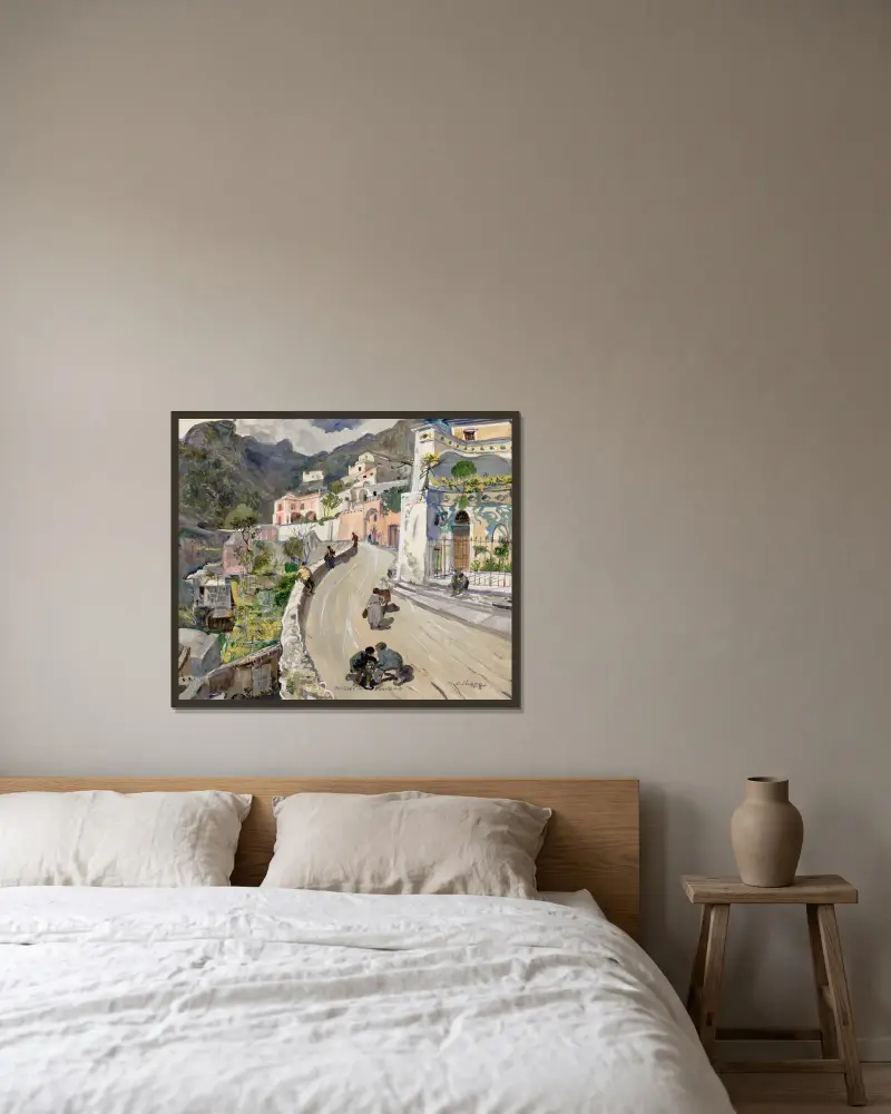 Vy över Positano av Oskar Laske inramad på en vägg