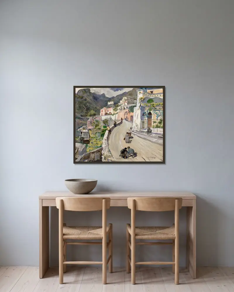 Vy över Positano av Oskar Laske inramad på en vägg