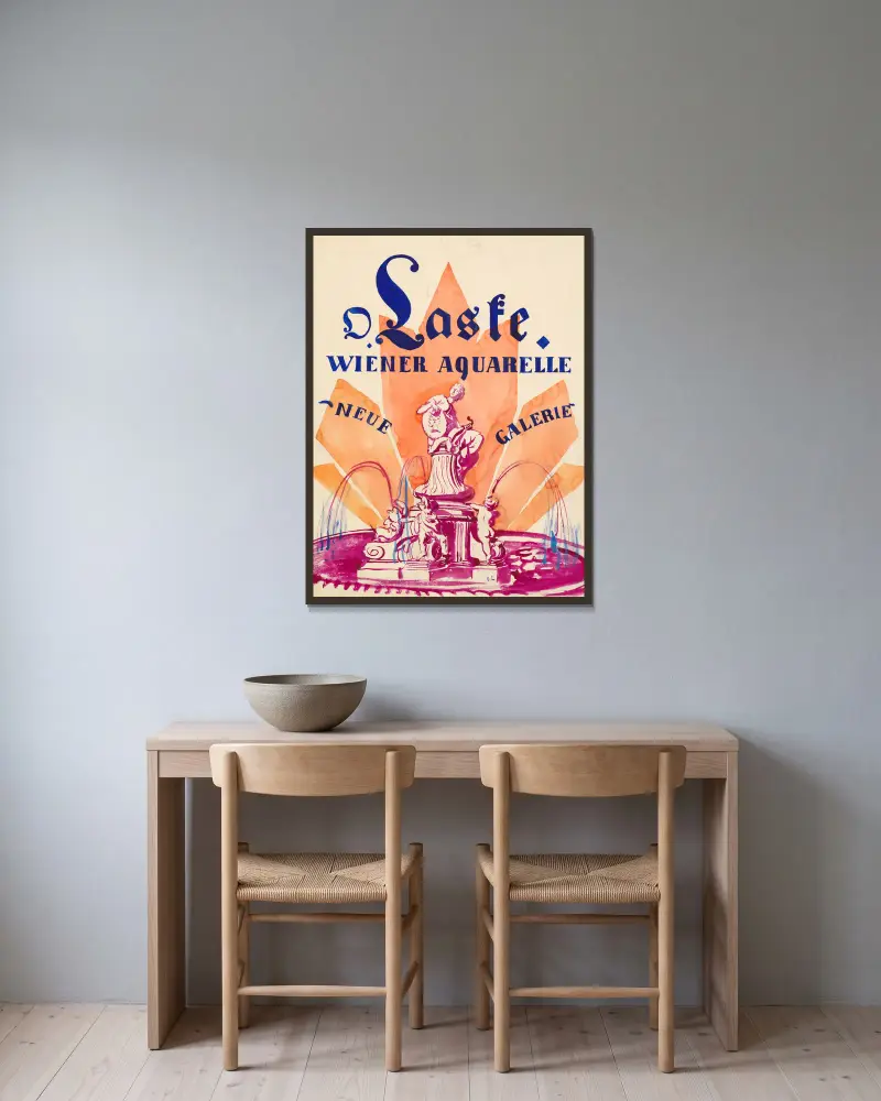 Ausstellungsplakat – Oskar Laske, Wiener Aquarelle. Neue Galerie. av Oskar Laske inramad på en vägg