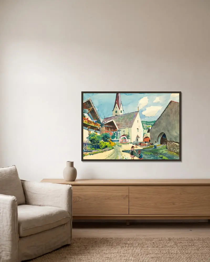 Church in Mieders in Tyrol av Oskar Laske inramad på en vägg