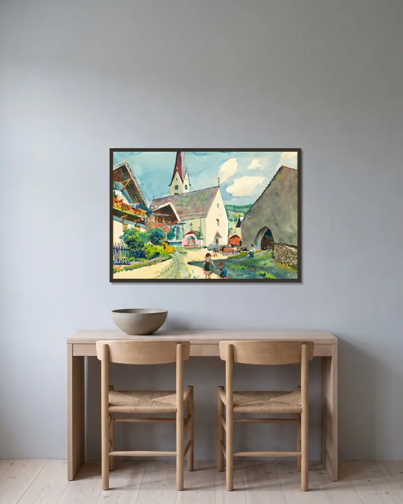 Church in Mieders in Tyrol av Oskar Laske inramad på en vägg