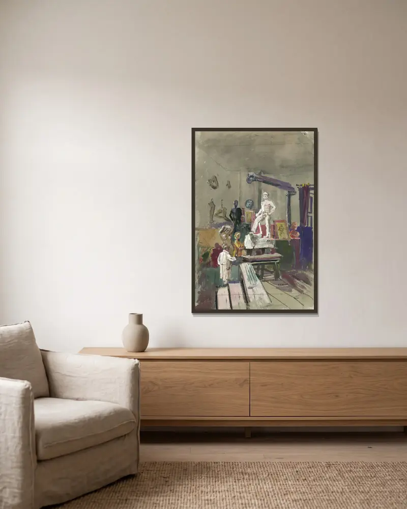 Das Atelier des Bildhauers Karl Stemolak in Wien av Oskar Laske inramad på en vägg