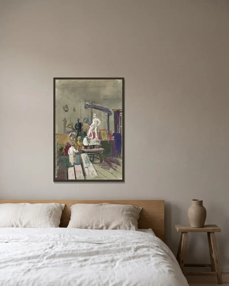 Das Atelier des Bildhauers Karl Stemolak in Wien av Oskar Laske inramad på en vägg