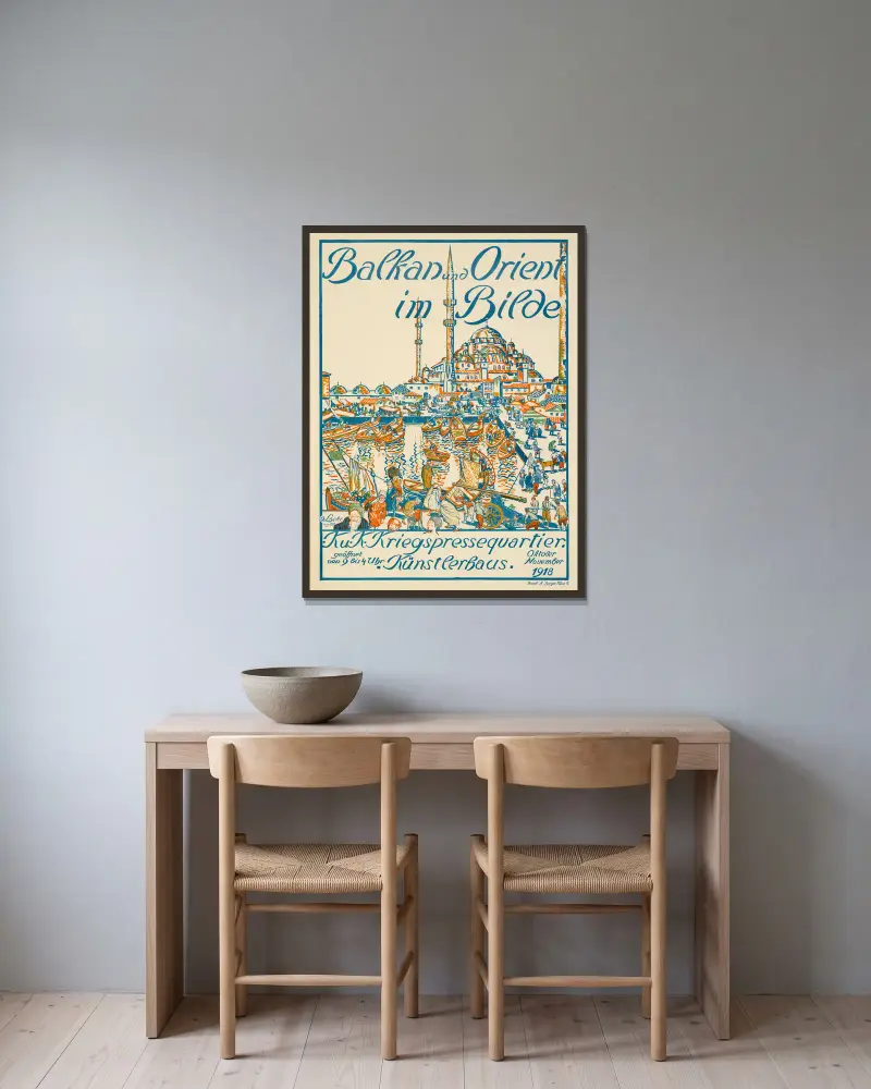 Plakat der Ausstellung ‘Balkan und Orient im Bilde’ im Künstlerhaus in Wien av Oskar Laske inramad på en vägg
