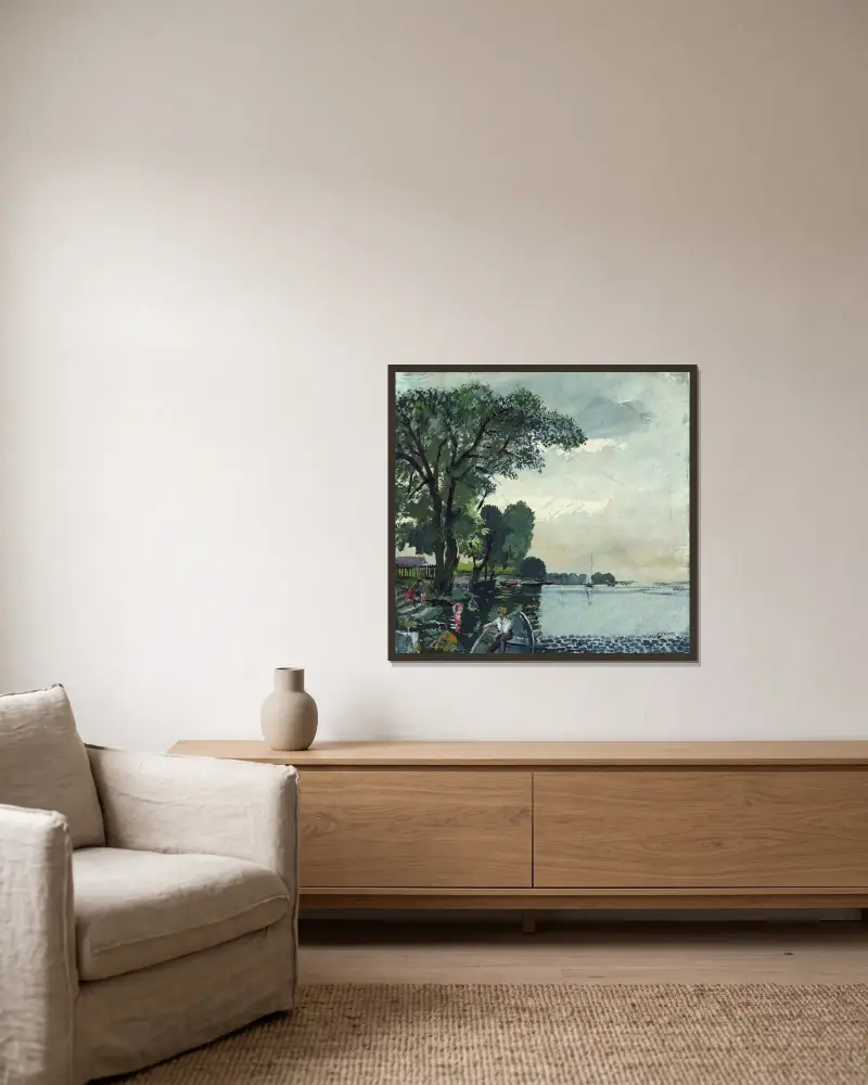 Pratermotiv vid gamla Donau av Oskar Laske inramad på en vägg