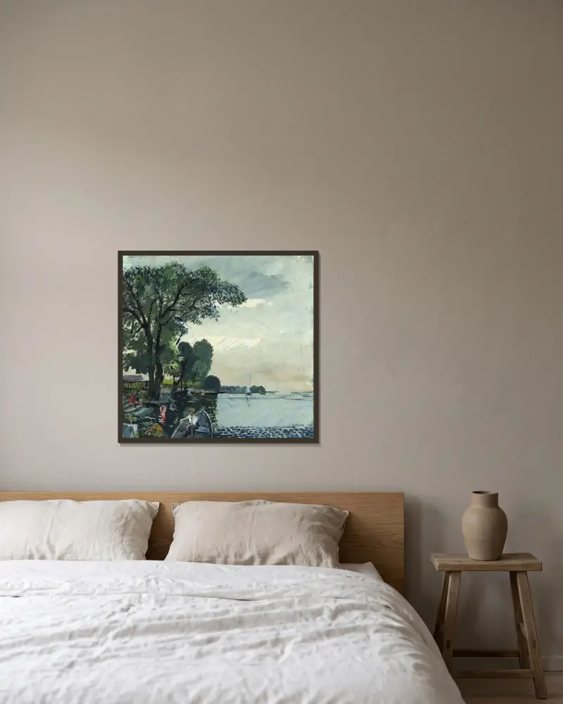 Pratermotiv vid gamla Donau av Oskar Laske inramad på en vägg