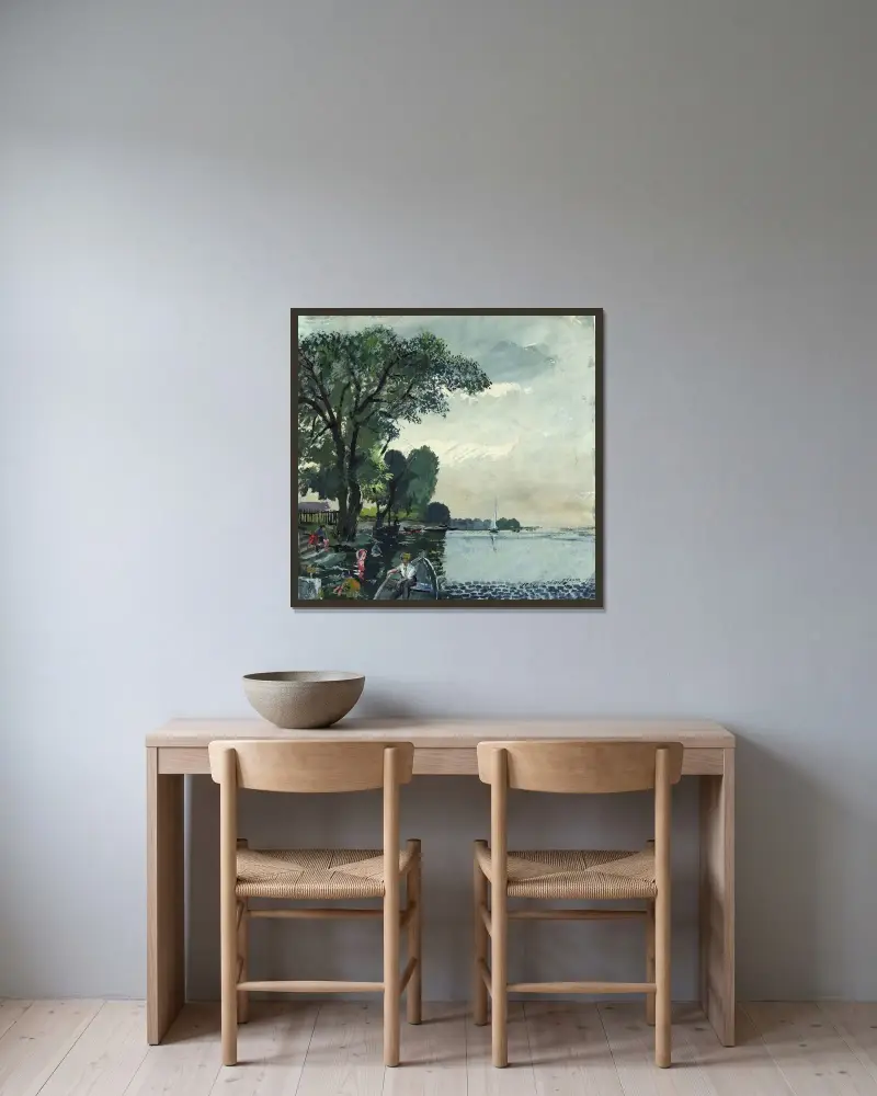 Pratermotiv vid gamla Donau av Oskar Laske inramad på en vägg