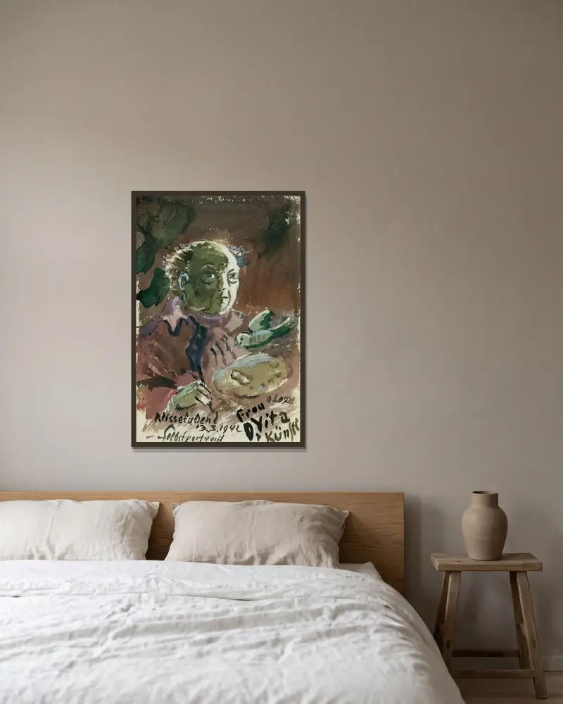 Selbstporträt von Oskar Laske gerahmt an einer Wand