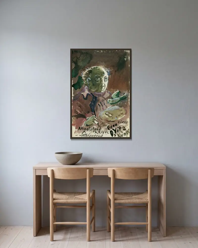 Selbstporträt von Oskar Laske gerahmt an einer Wand