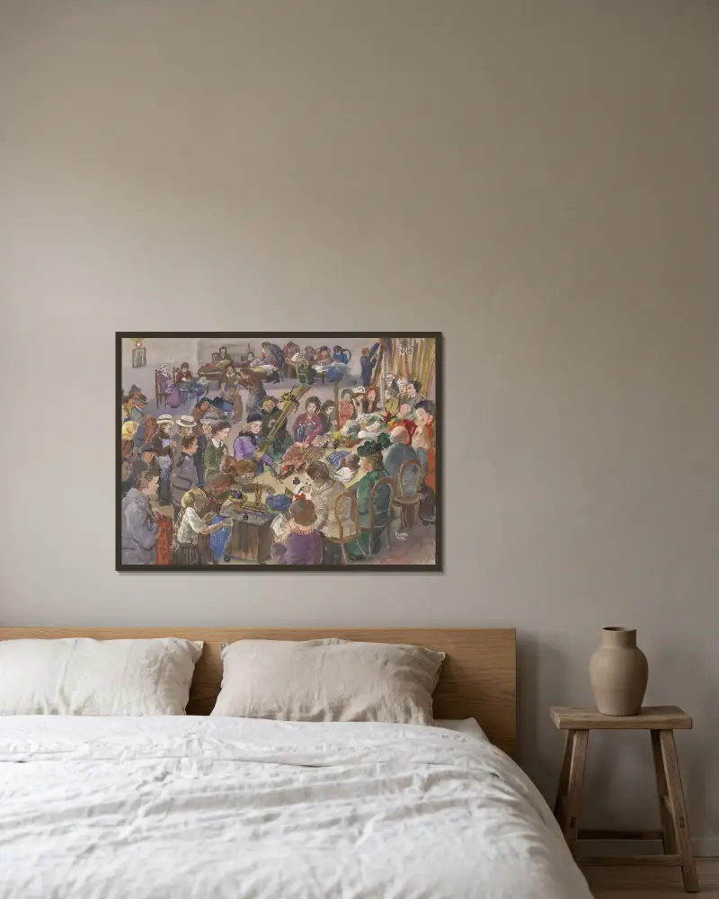 Studie zu dem Bild ‚Wollsammlung im Jahre 1942‘ von Oskar Laske gerahmt an einer Wand