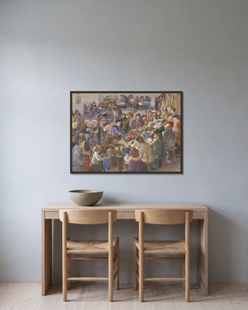 Studie zu dem Bild ‚Wollsammlung im Jahre 1942‘ von Oskar Laske gerahmt an einer Wand