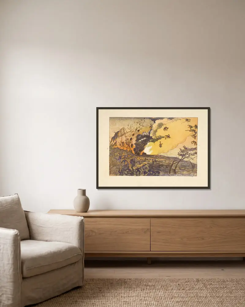 Södra krigsskådeplatsen. Verkan av en mina i en fientlig artilleriställning av Oskar Laske inramad på en vägg
