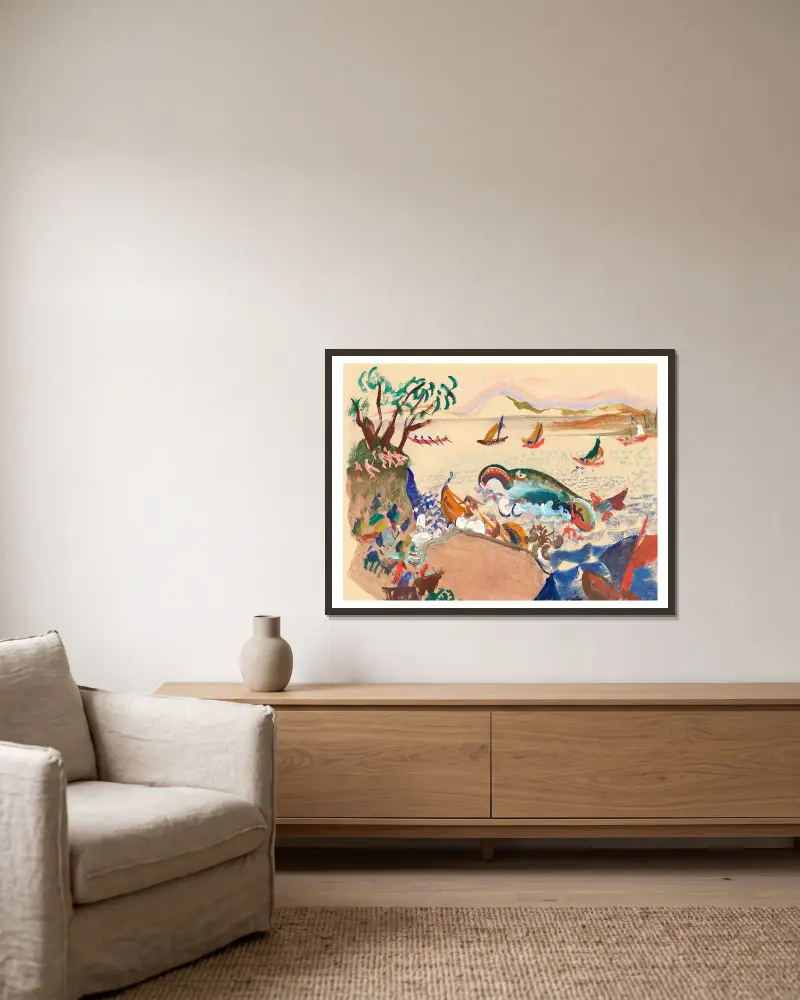 Der Wal von Oskar Laske gerahmt an einer Wand