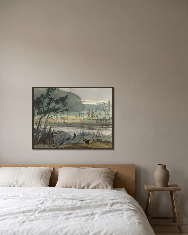 Omgivningen kring Neusiedlersjön av Oskar Laske inramad på en vägg