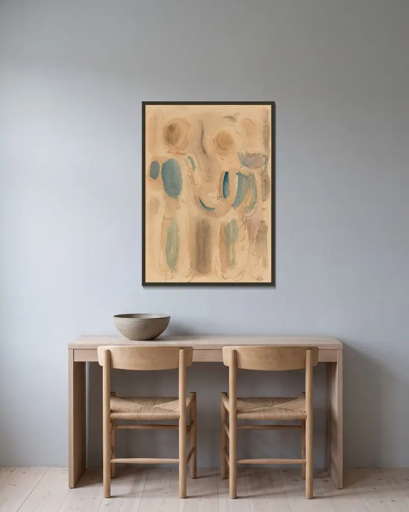 Drei stehende Figuren von Oskar Schlemmer gerahmt an einer Wand