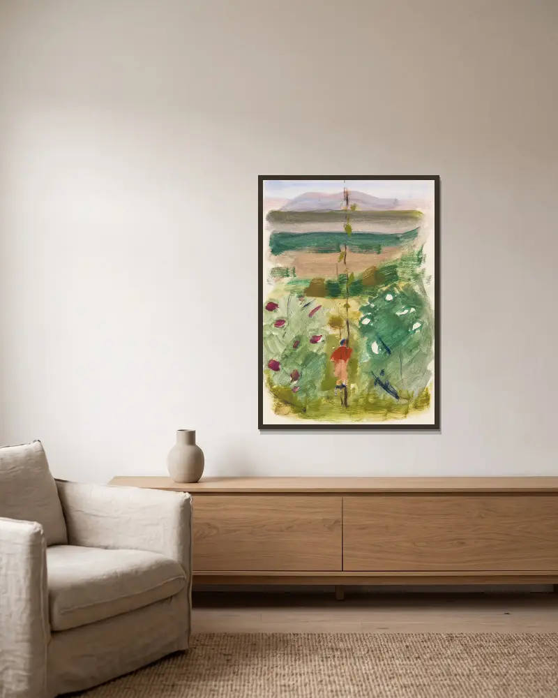Landschaft mit Rückenfigur zwischen Büschen av Oskar Schlemmer inramad på en vägg