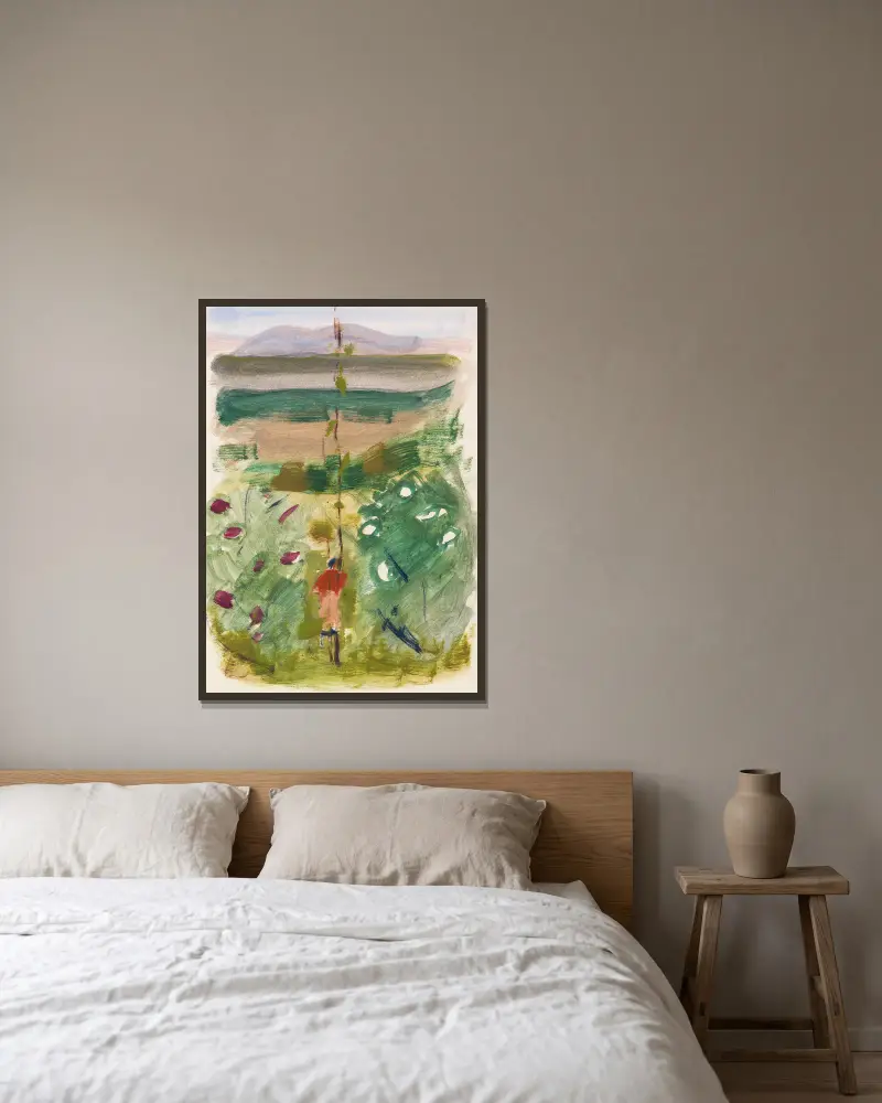 Landschaft mit Rückenfigur zwischen Büschen av Oskar Schlemmer inramad på en vägg