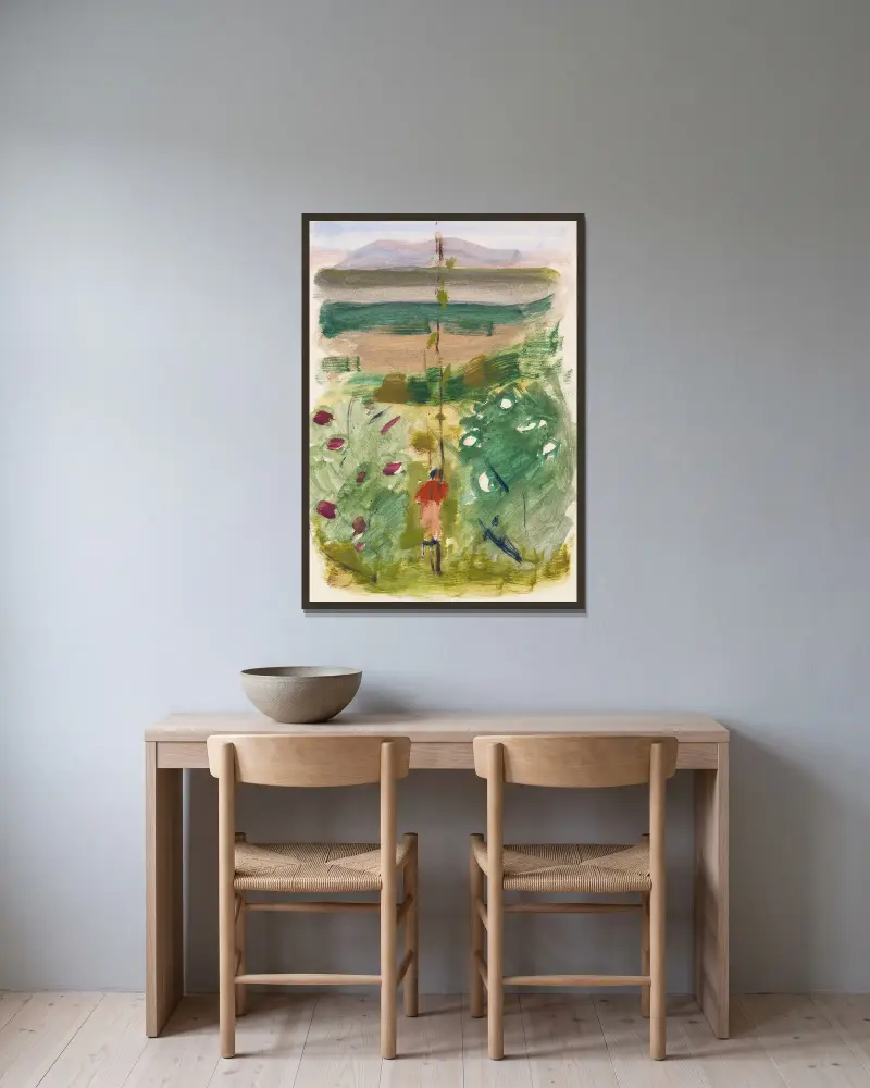 Landschaft mit Rückenfigur zwischen Büschen av Oskar Schlemmer inramad på en vägg
