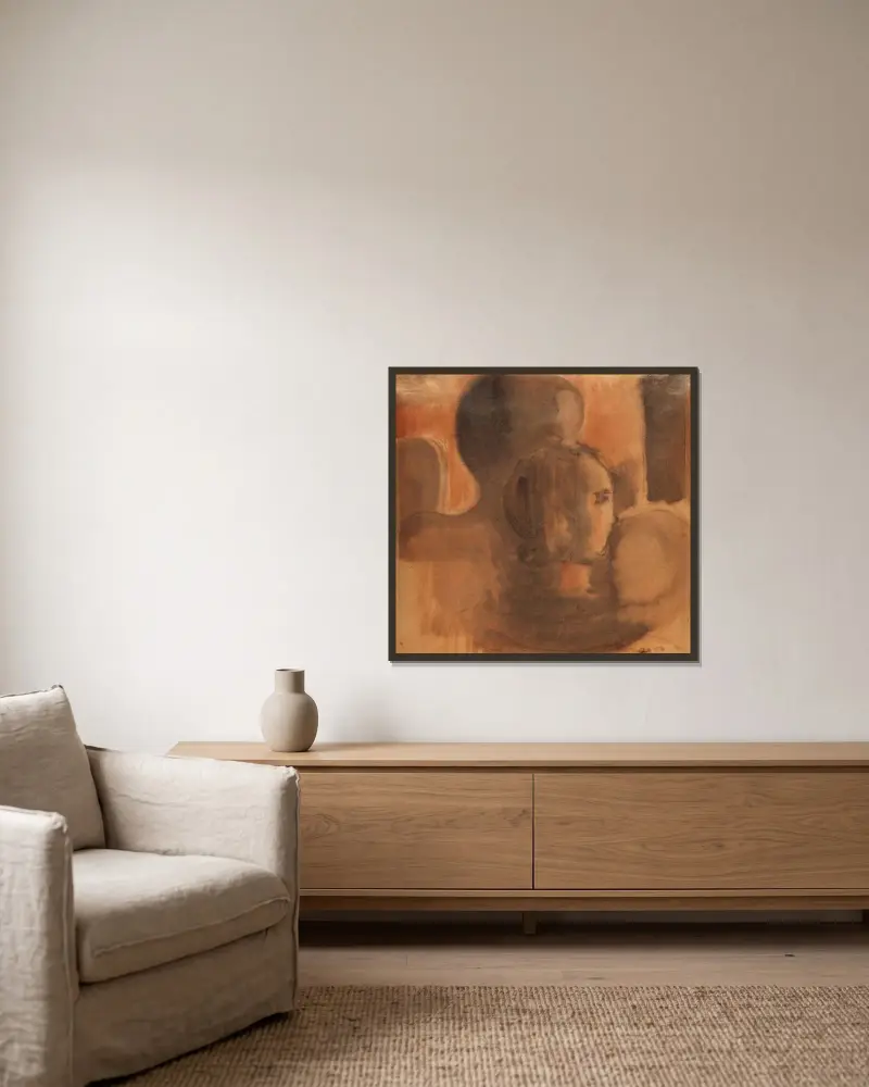 Mädchenkopf vor dunkler Figurensilhouette von Oskar Schlemmer gerahmt an einer Wand