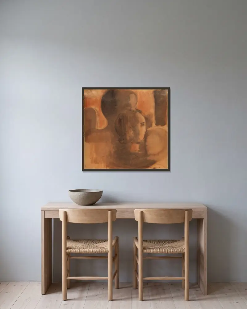 Mädchenkopf vor dunkler Figurensilhouette von Oskar Schlemmer gerahmt an einer Wand