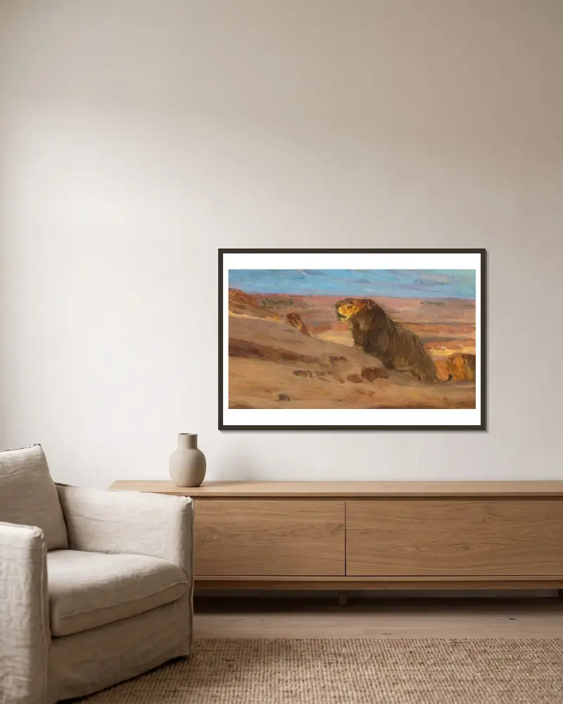 Lions in the Desert av Henry Ossawa Tanner inramad på en vägg