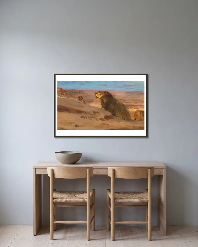 Lions in the Desert av Henry Ossawa Tanner inramad på en vägg