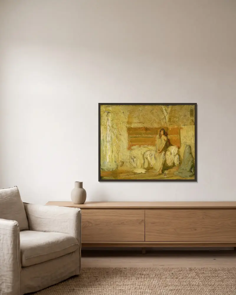 Studie för Bebådelsen av Henry Ossawa Tanner inramad på en vägg