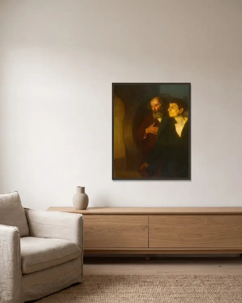 De två lärjungarna vid graven av Henry Ossawa Tanner inramad på en vägg