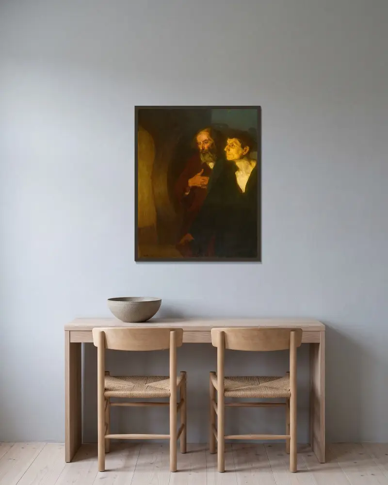 De två lärjungarna vid graven av Henry Ossawa Tanner inramad på en vägg