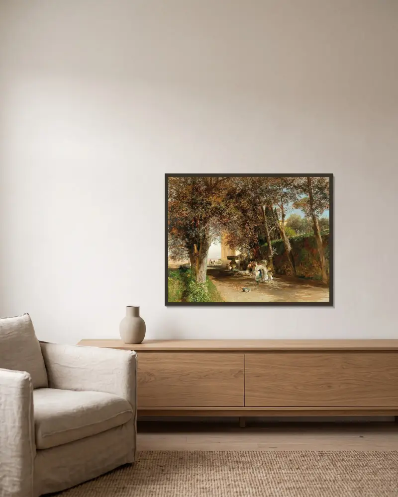 Nachmittag im Park der Villa Torlonia in Frascati von Oswald Achenbach gerahmt an einer Wand
