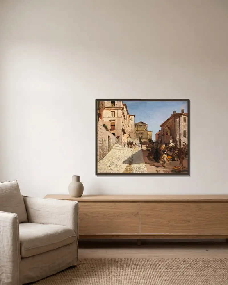 Ansicht von Genzano mit der Kirche Santa Maria della Cima von Oswald Achenbach gerahmt an einer Wand
