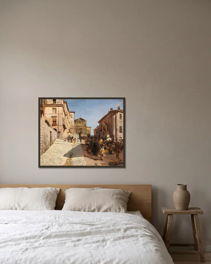 Ansicht von Genzano mit der Kirche Santa Maria della Cima von Oswald Achenbach gerahmt an einer Wand