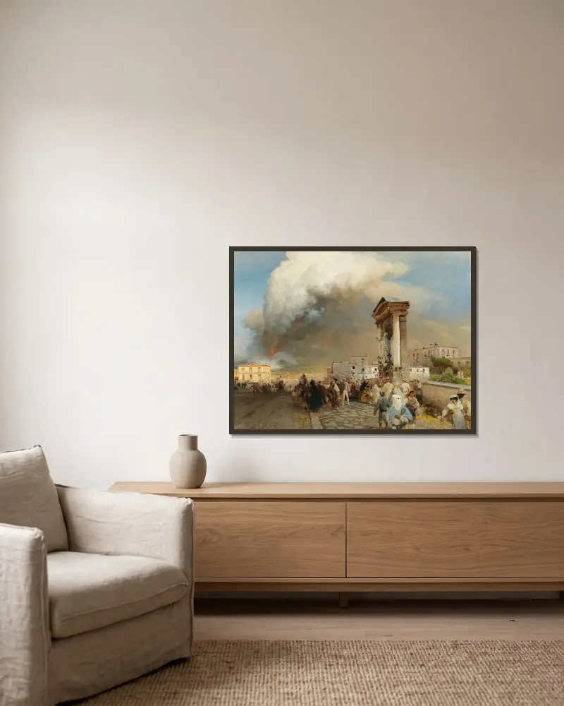 Ausbruch des Vesuv von Oswald Achenbach gerahmt an einer Wand