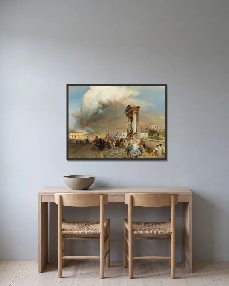 Ausbruch des Vesuv von Oswald Achenbach gerahmt an einer Wand