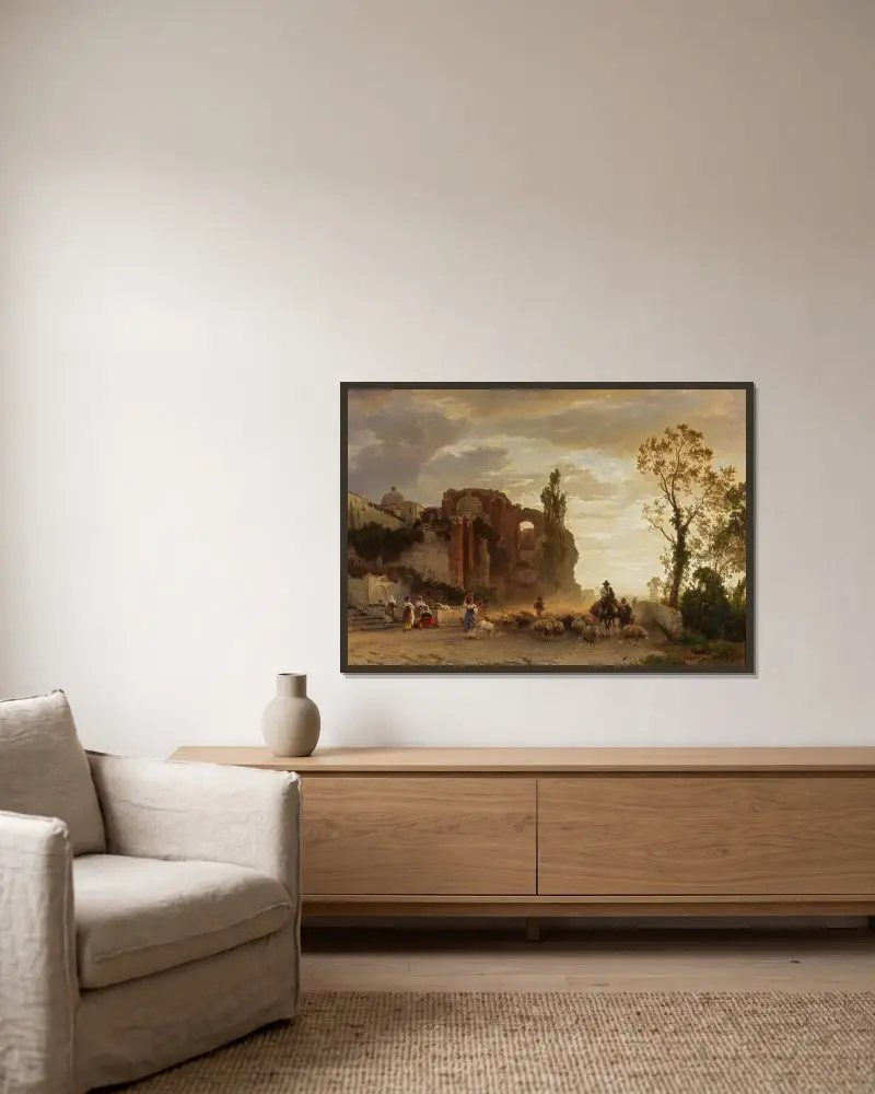 Abend in der Campagna von Oswald Achenbach gerahmt an einer Wand